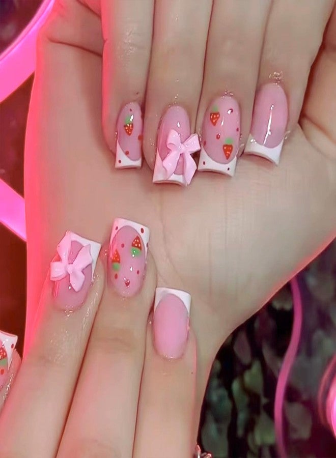 TOGZOM 48Pcs French Tip Press on Nails Short Square Fake Nails Bow Charms Acrylic False Nails Cute Glue on Nail Reusable Artificial Stick on Nail for Women Girls Manicure Nails Decoration 2 Packs - Image 4